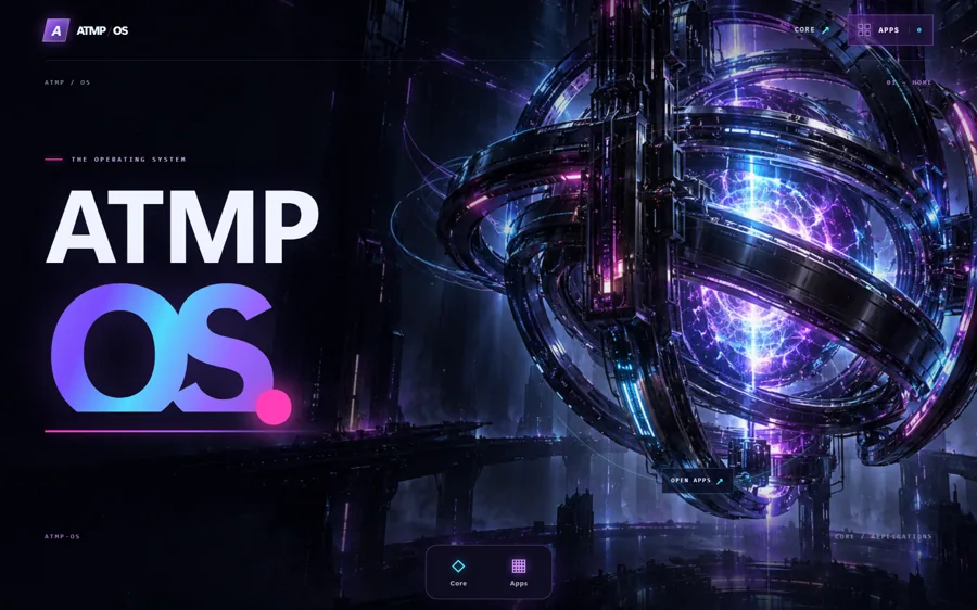 ATMP OS homepage with a violet energy core and navigation to Core and Apps