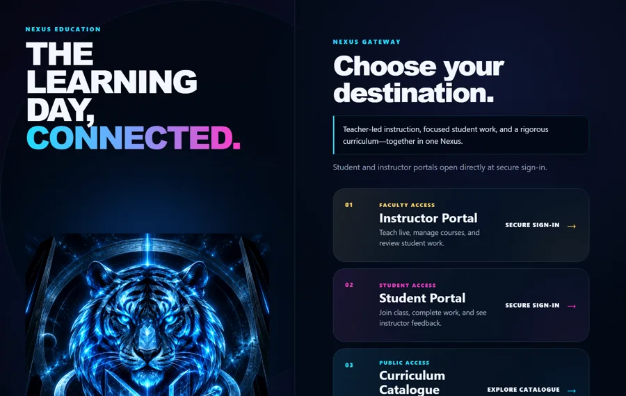 Nexus Education gateway with instructor, student, and curriculum catalogue entry points beside an illuminated blue tiger